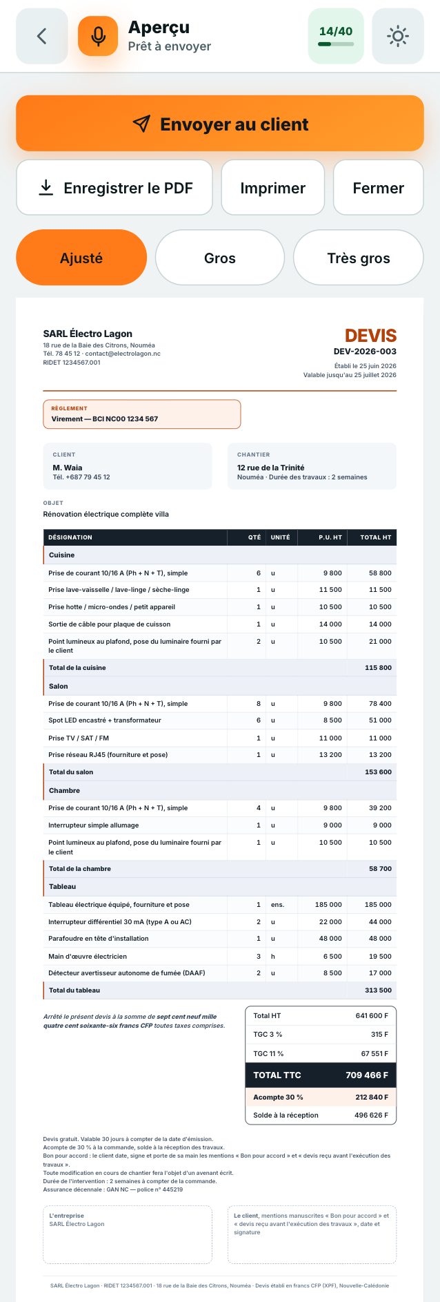 L'aperçu du devis prêt à envoyer, avec le bouton Envoyer au client.