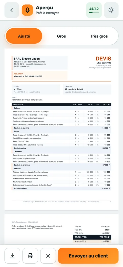 L'aperçu du devis en PDF, avec le bouton Envoyer au client.