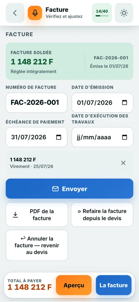 Une facture faite depuis le devis, réglée, avec le bouton Envoyer.