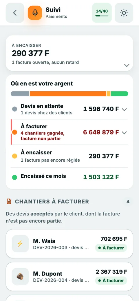 Le suivi : les devis en attente, ce qui reste à facturer, à encaisser, et ce qui est encaissé ce mois.